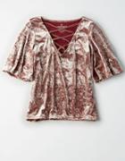 American Eagle Outfitters Ae Crushed Velvet Lace-up Flutter Sleeve T-shirt