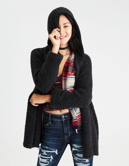 American Eagle Outfitters Ae Slouchy Hooded Boucle Cardigan