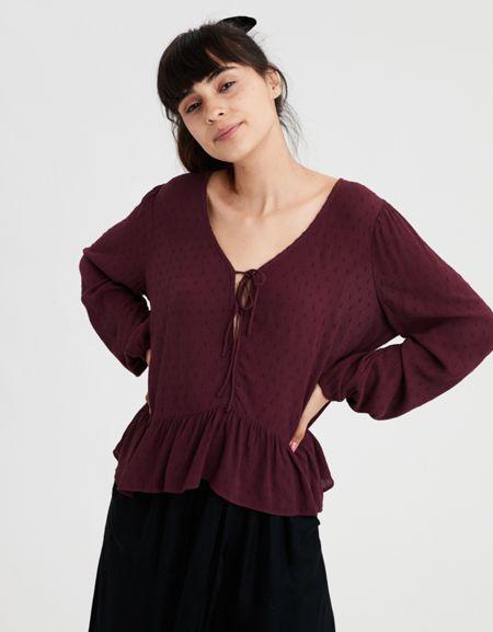 American Eagle Outfitters Ae Tie Front Long Sleeve Blouse
