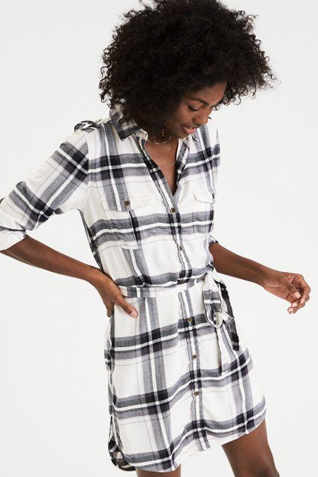 American Eagle Outfitters Ae Plaid Tie-waist Shirt Dress