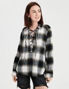 American Eagle Outfitters Ae Plaid Lace-up Pullover Top