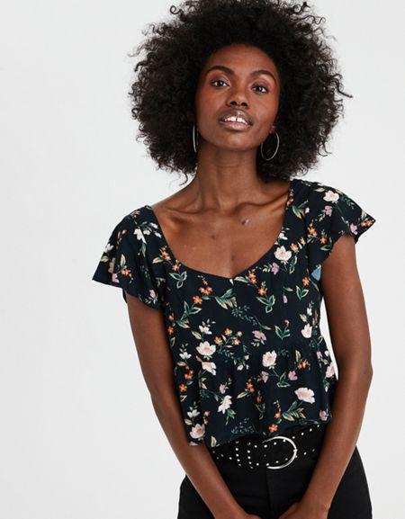 American Eagle Outfitters Ae Cropped Ruffle Sleeve Blouse