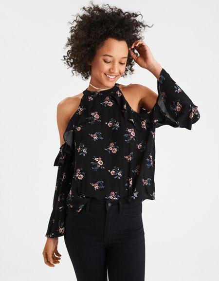 American Eagle Outfitters Ae Floral High Neck Cold Shoulder Pullover