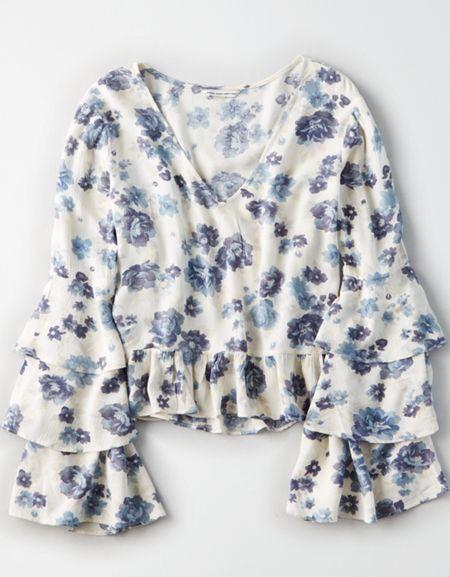 American Eagle Outfitters Ae Printed Bell Sleeve Top