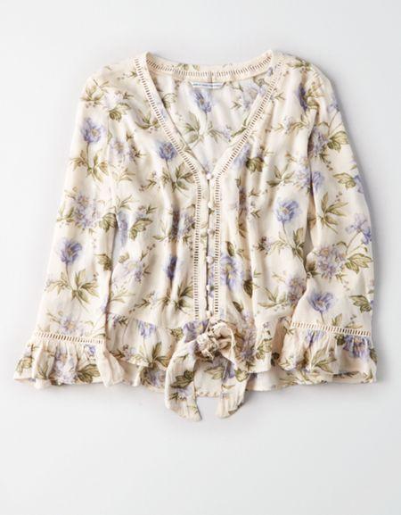 American Eagle Outfitters Ae Ruffle Hem Button Down Shirt