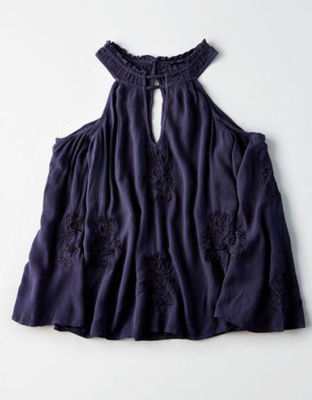 American Eagle Outfitters Ae Embroidered Cold Shoulder Top