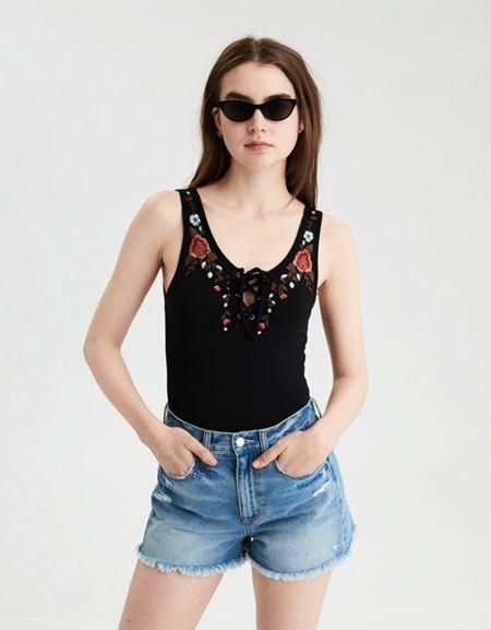 American Eagle Outfitters Ae Lace Up Embroidered Bodysuit