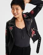 American Eagle Outfitters Ae Embroidered Studded Faux-leather Moto Jacket