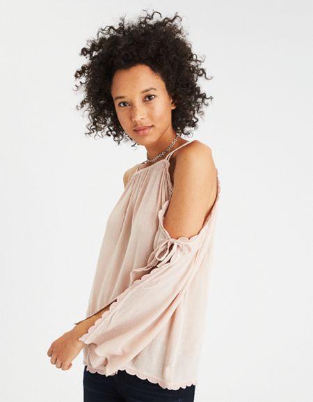 American Eagle Outfitters Ae Swiss Dot Cold Shoulder Tie Top