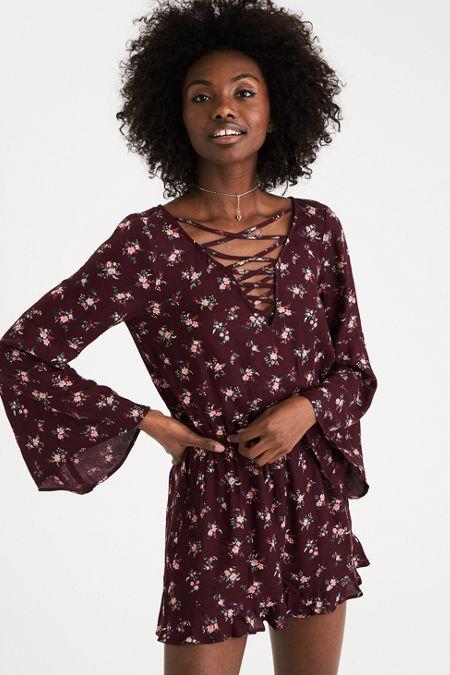 American Eagle Outfitters Ae Embroidered Bell Sleeve Romper