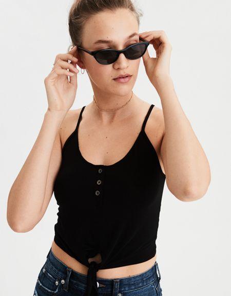 American Eagle Outfitters Ae Tie Front Henley Crop Top