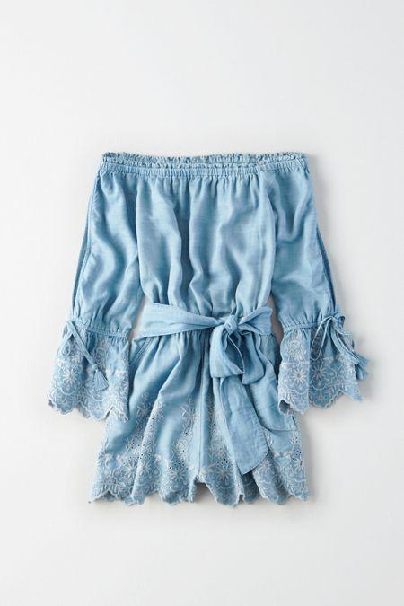 American Eagle Outfitters Ae Off-the-shoulder Embroidered Chambray Romper