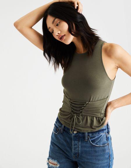 American Eagle Outfitters Ae Soft & Sexy Corset-front Hi-neck Tank