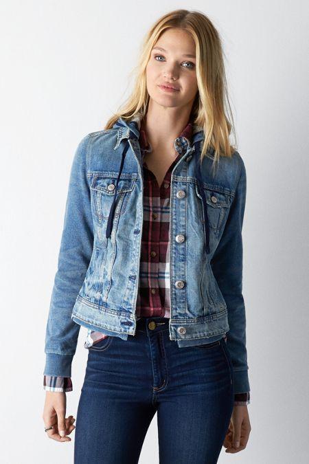 American Eagle Outfitters Medium Wash American Eagle Fleece Sleeve Denim Jacket (coat)