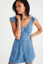 American Eagle Outfitters Ae Smocked Open-back Chambray Romper