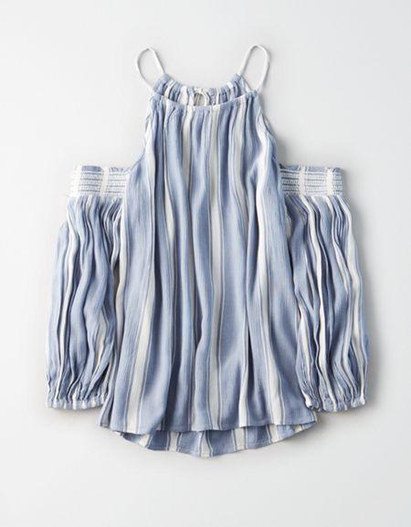 American Eagle Outfitters Ae Blue Stripe Cold Shoulder Top