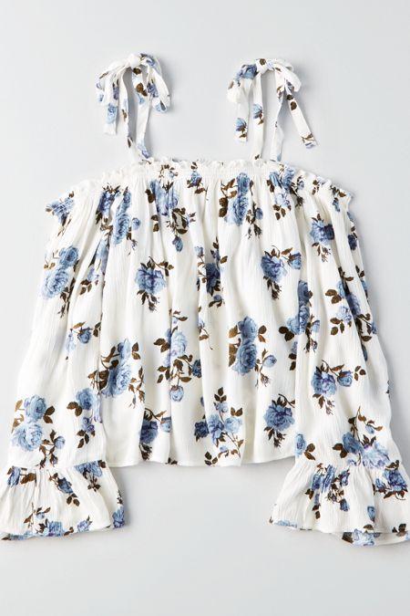 American Eagle Outfitters Ae Shoulder-tie Bell-sleeve Top