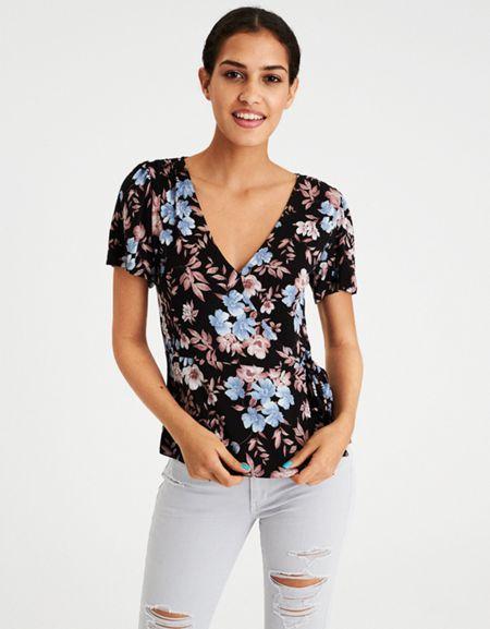 American Eagle Outfitters Ae Wrap Front Flutter Sleeve T-shirt