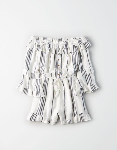 American Eagle Outfitters Ae Off-the-shoulder Double-ruffle Romper