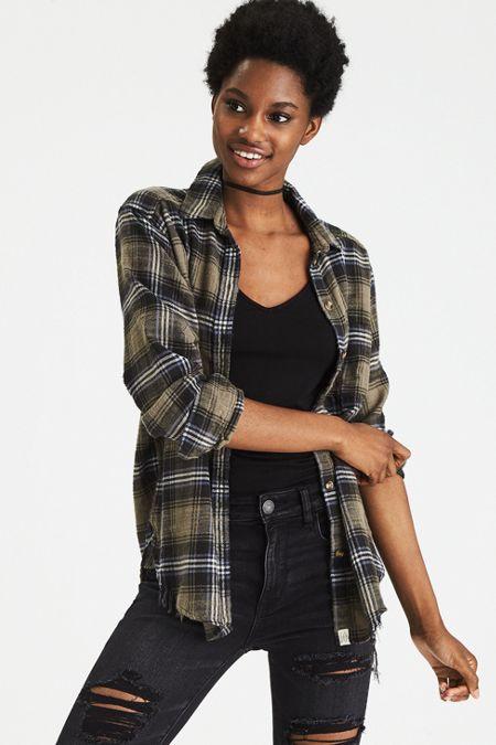 American Eagle Outfitters Ae Oversized Destroyed Flannel Shirt