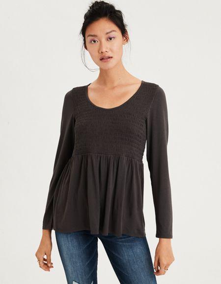 American Eagle Outfitters Ae Smocked Long Sleeve Peplum Top