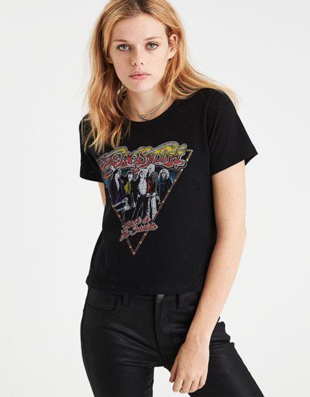 American Eagle Outfitters Studded Aerosmith Shrunken Graphic Tee