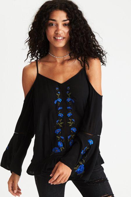 American Eagle Outfitters Ae Cold Shoulder Embroidered Top