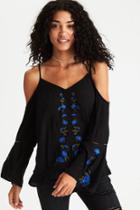 American Eagle Outfitters Ae Cold Shoulder Embroidered Top