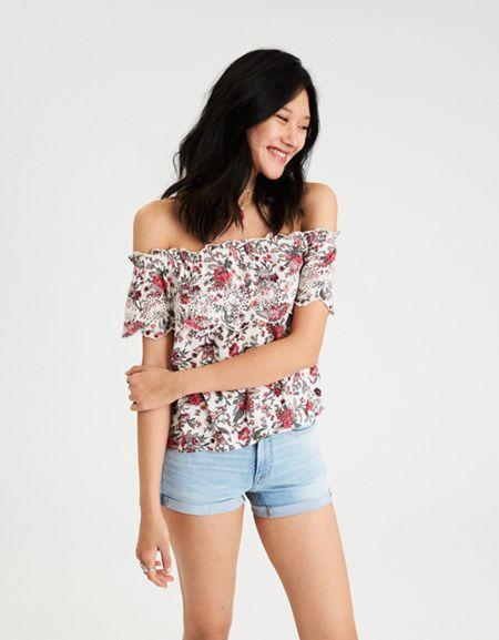 American Eagle Outfitters Ae Floral Off-the-shoulder Top