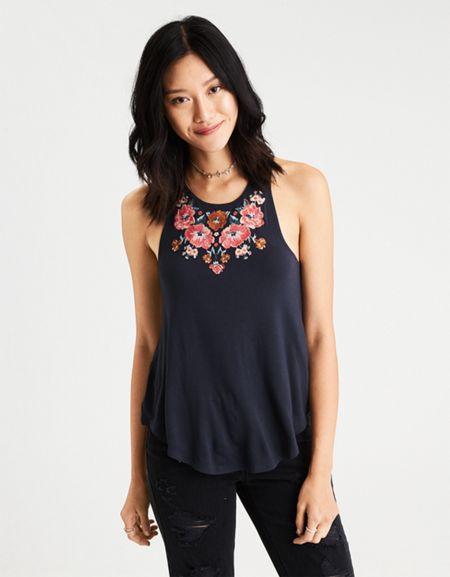 American Eagle Outfitters Ae Soft & Sexy Embroidered Racerback Tank