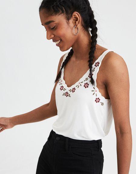 American Eagle Outfitters Ae Embroidered Scoop Neck Tank Top