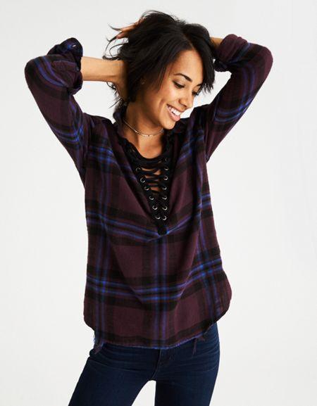American Eagle Outfitters Ae Core Lace Up Plaid Popover