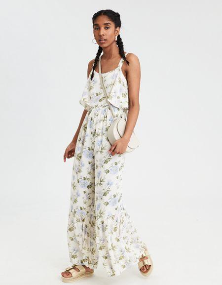 American Eagle Outfitters Ae Wide Strap Ruffle Jumpsuit