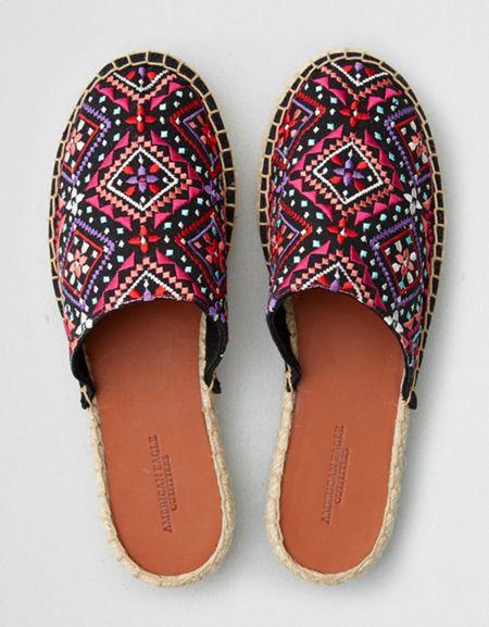 American Eagle Outfitters Ae Embroidered Denim Espadrille Mule