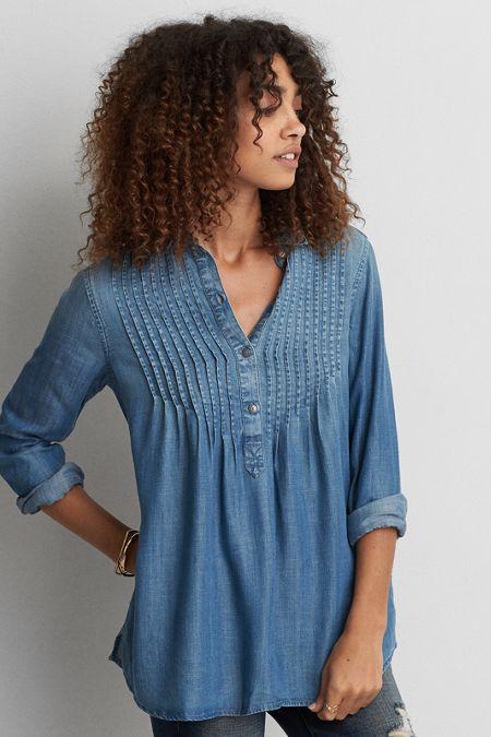 American Eagle Outfitters Ae Pintucked Denim Shirt