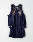 American Eagle Outfitters Ae Embroidered Ruffle Cold Shoulder Dress