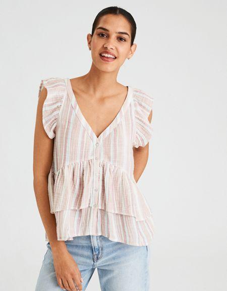 American Eagle Outfitters Ae Double Ruffle Short Sleeve Blouse