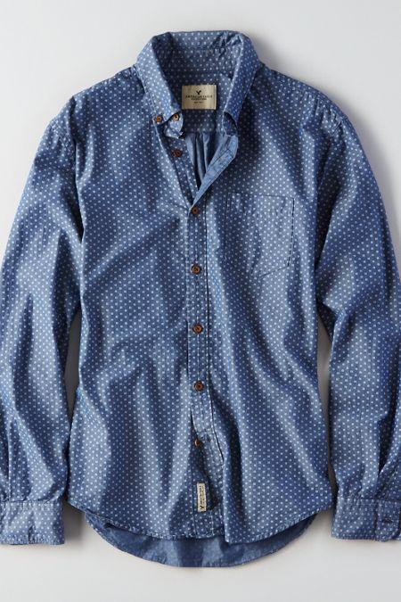 American Eagle Outfitters Ae Indigo Dot Button Down Shirt