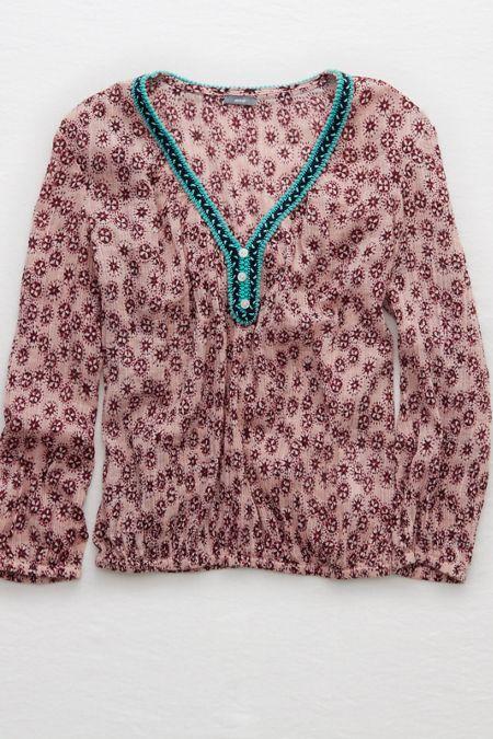 Aerie Embroidered Trim Peasant Top