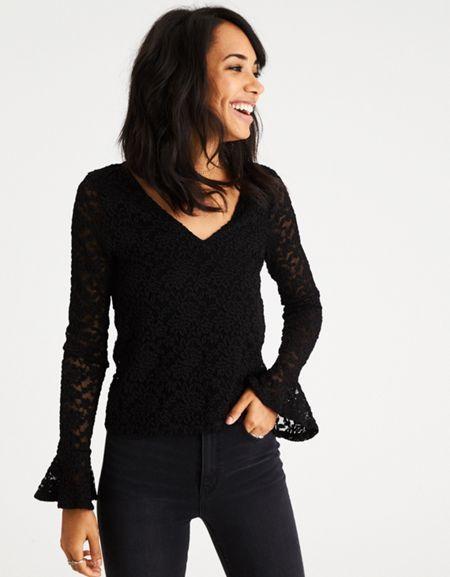 American Eagle Outfitters Ae Lace Bell Sleeve Top