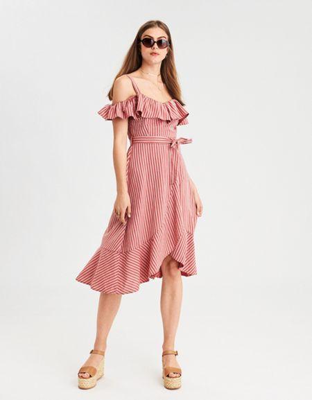 American Eagle Outfitters Ae Striped Tie Belt Ruffle Midi Dress