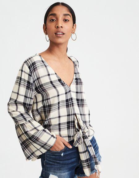 American Eagle Outfitters Ae Plaid Long Sleeve Tie Front Top