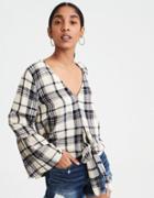 American Eagle Outfitters Ae Plaid Long Sleeve Tie Front Top