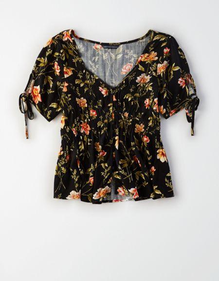 American Eagle Outfitters Ae Smocked Button Up Blouse