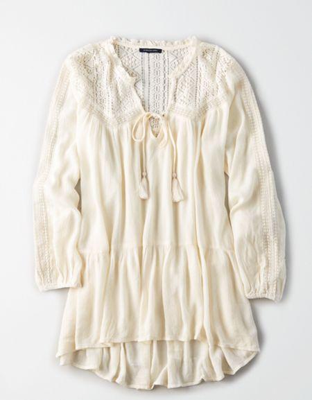 American Eagle Outfitters Ae Lace Inset Long Sleeve Tunic Blouse