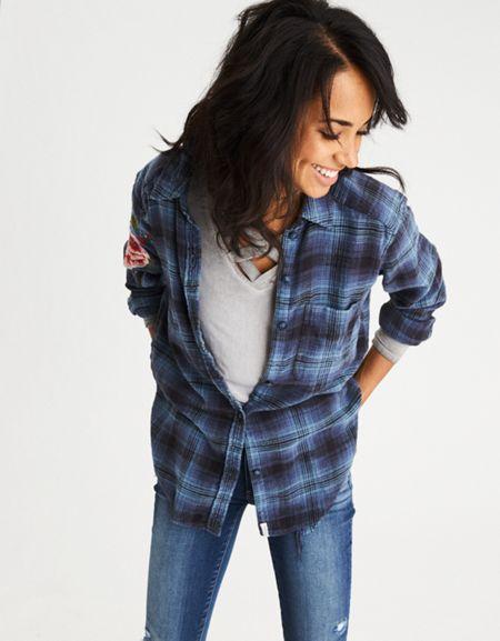 American Eagle Outfitters Ae Embroidered Flannel Cabin Shirt