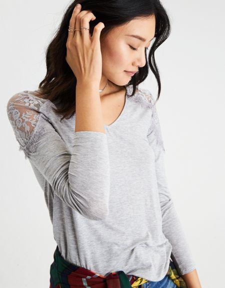 American Eagle Outfitters Ae Lace-shoulder V-neck Top