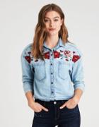 American Eagle Outfitters Ae Cropped & Embroidered Button-down Shirt