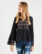 American Eagle Outfitters Ae Embroided Bell-sleeve Peasant Top