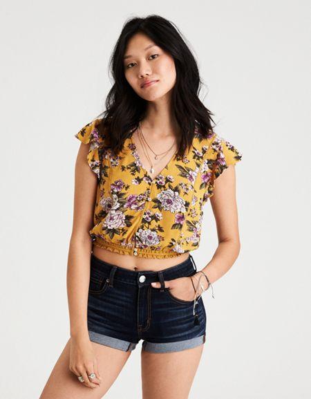 American Eagle Outfitters Ae Button Up V-neck Crop Top